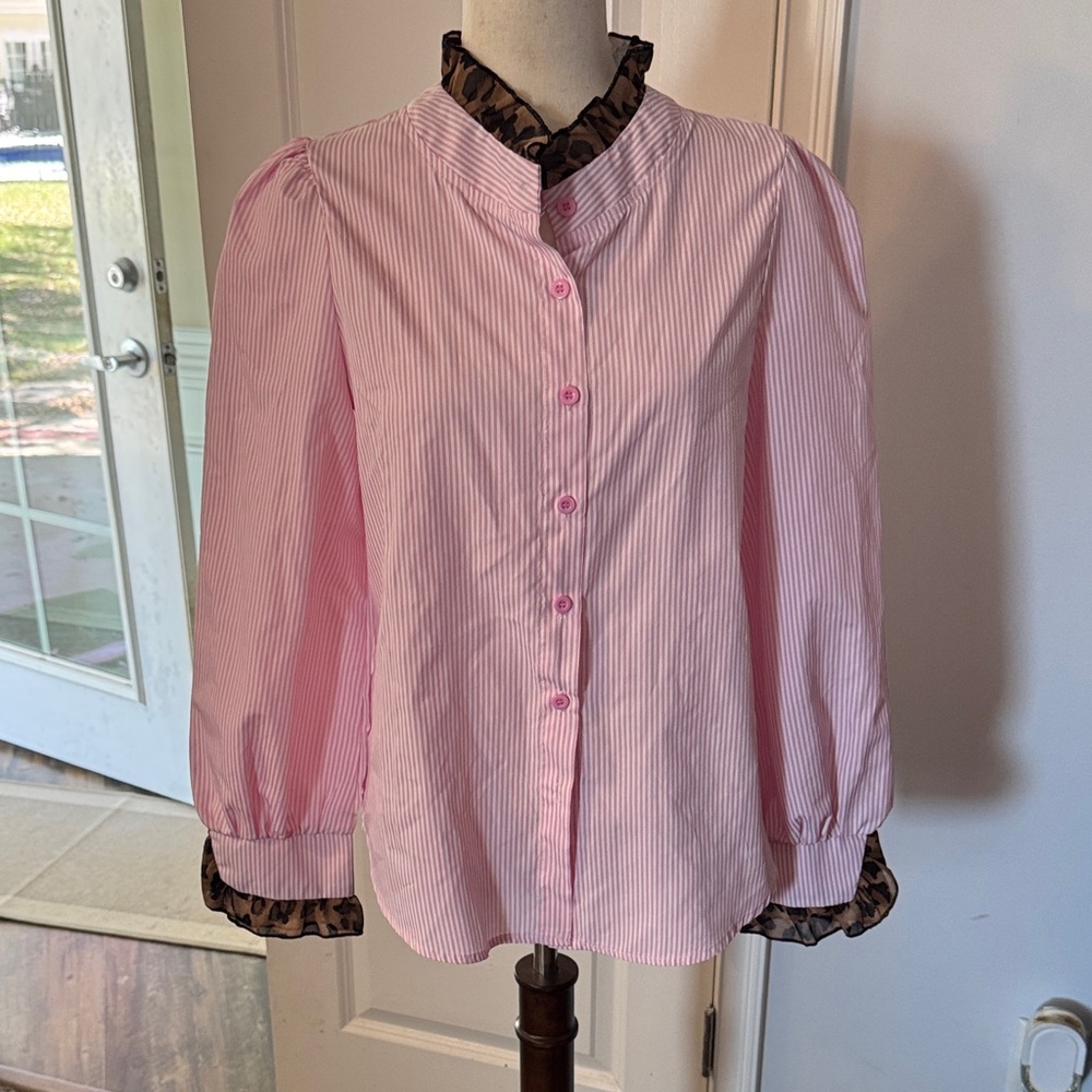 Pink Striped Button-Front Blouse with Ruffle Trim